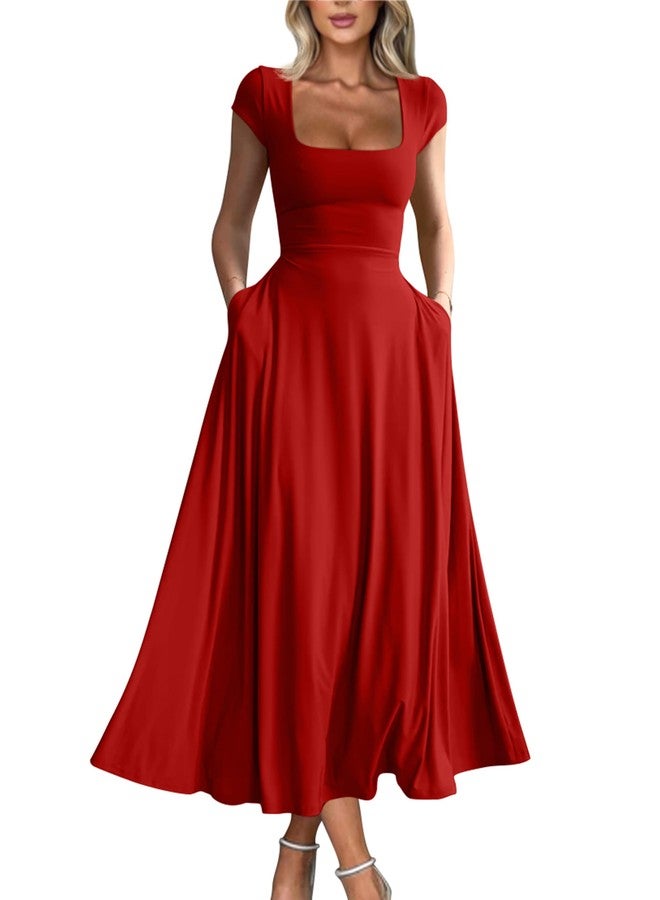 YMDUCH Women's Casual Short Sleeve Square Neck Solid Slim Flowy Maxi Dress with Pockets Red - Image 1